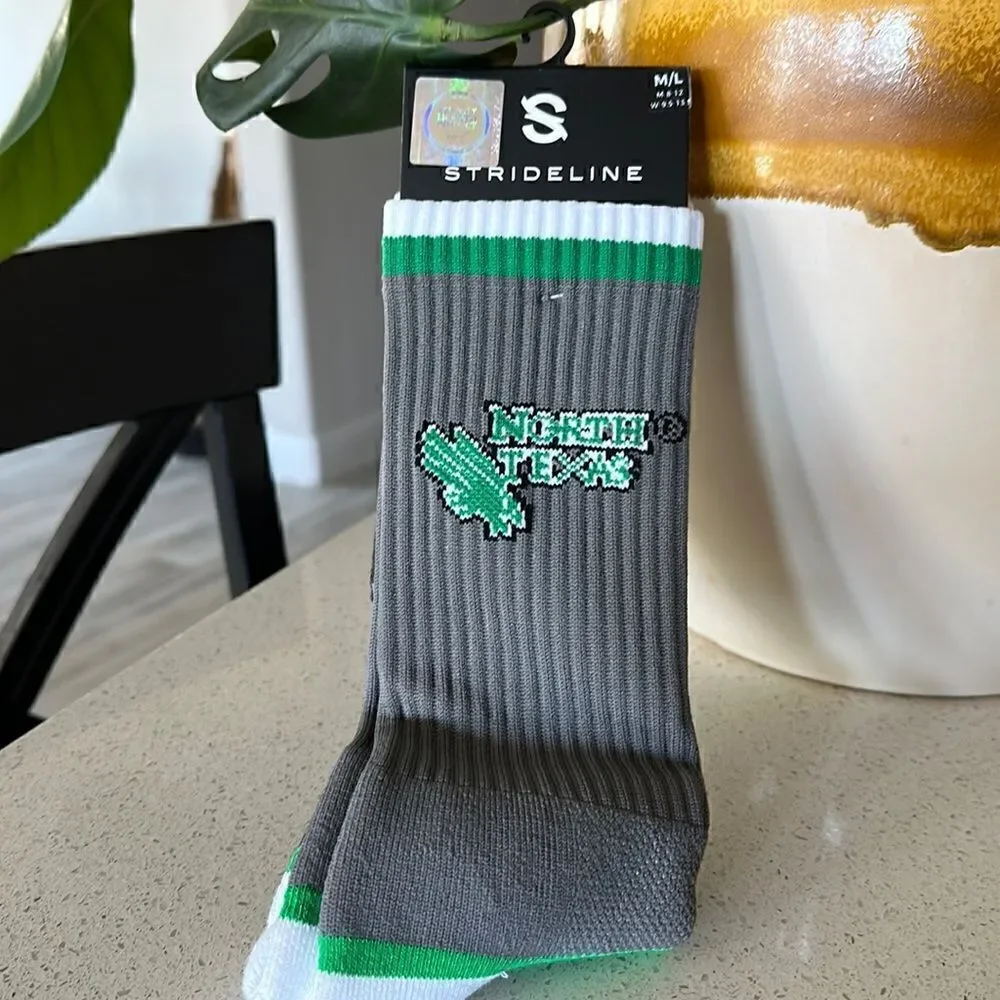 NWT University of North Texas Strideline Gray Socks M/L Knit Striped Crew Sports